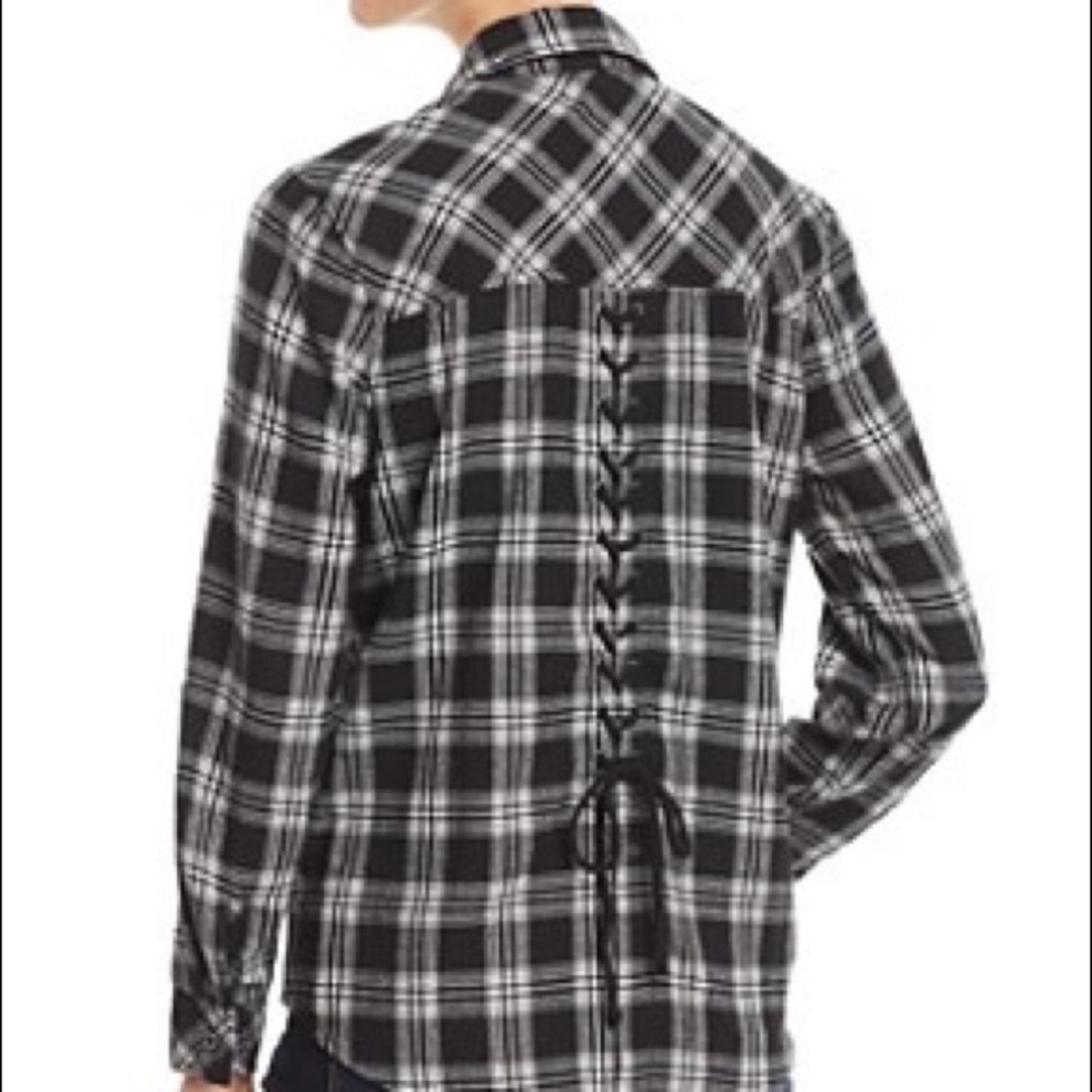 Billy T Lace Up Back Plaid Button Up Top